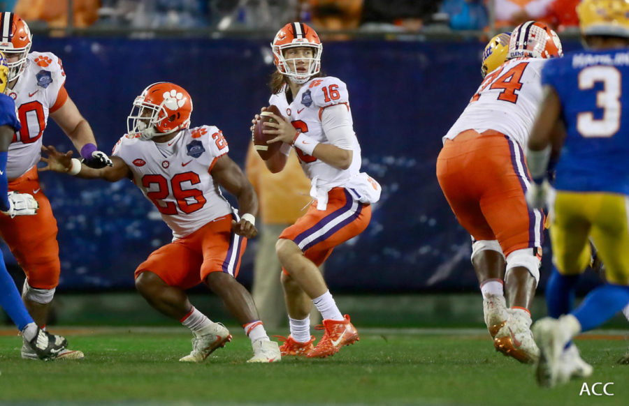 First overall pick Trevor Lawrence looks down the field getting ready to launch the ball to his receiver against Pitt on December 1, 2018, in the ACC Championship.