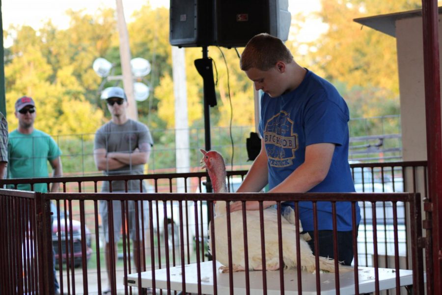 Sophomore Zachary Carney stands with his turkey at the livestock auction on Sept. 2. 