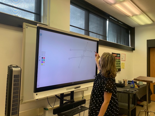 While reviewing angle relationships, Ms. Miranda Lasher assists her PLT students in geometry lessons.