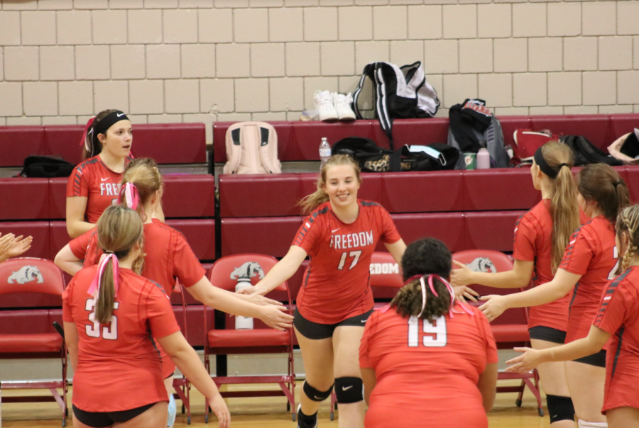 Getting high fives from her teammates caption Madison Fessides is announced to the court. 