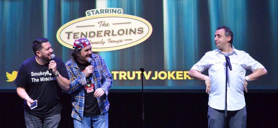 Joe Gatto stands at one of The Tenderloin’s performances making some of the other jokers smile and laugh at him.