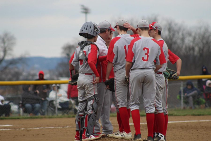 Communication is an important part of sports to win and make good plays. The coach calls a mound visit to bring the team together to communicate and get their heads back in the game against the Rochester Rams on March 31.