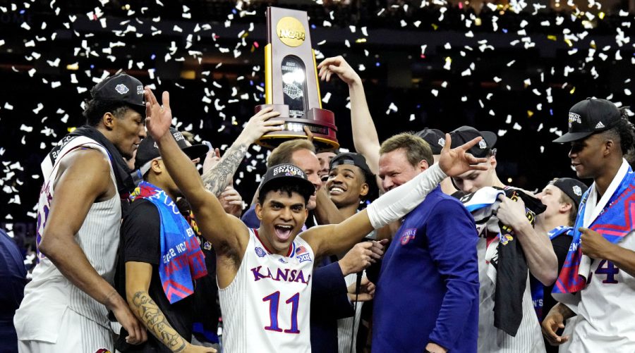 Coming back from a 15-point deficit at halftime, the Kansas Jayhawks celebrate their victory over the University of North Carolina Tarheels, 72-69, in the March Madness Finals on April 4.
