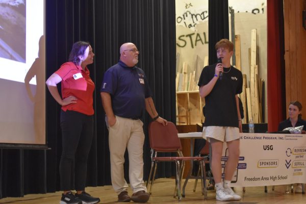 Time for questions: During the assembly on Oct. 2, 2023, TCP and USG representatives had students incorporated into their presentations. One student, sophomore Colton Blank, interviewed the representatives about the programs details.