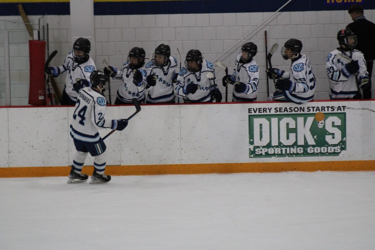 Team+celebration%3A+Raising+his+hand%2C+senior+Aiden+Pournaras+skates+past+his+teammates+to+high-five+them.+This+game+took+place+against+Wilmington+on+November+9.