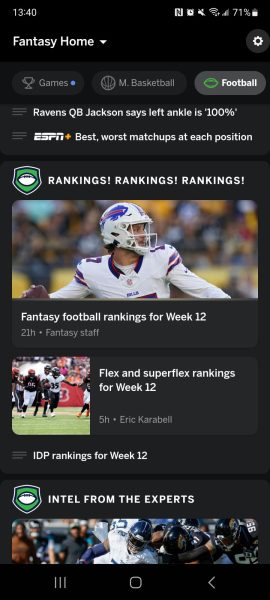 Football rankings: On the ESPN Fantasy Sports app, tabs for separate sports are displayed across the top of the screen. From there, players are able to follow along with the rankings of their teams.