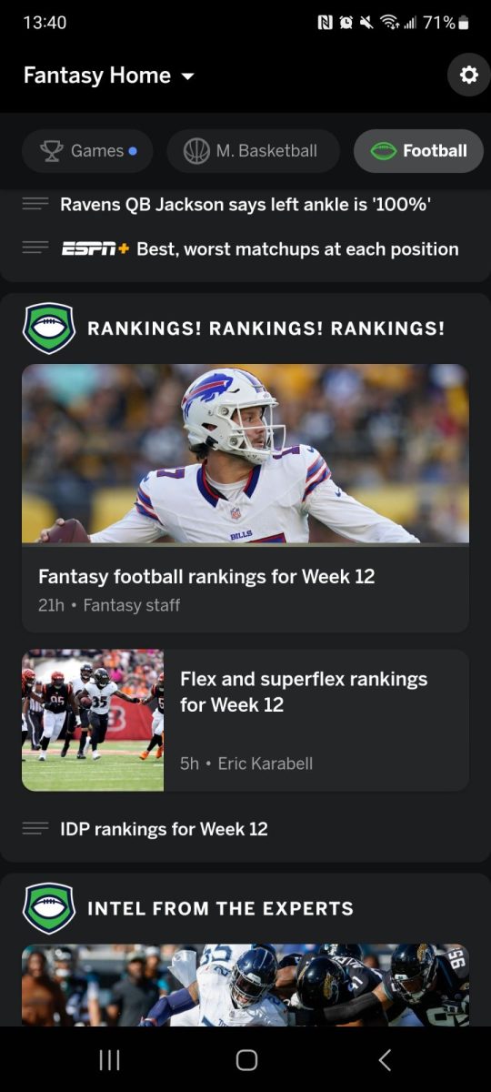 Football+rankings%3A+On+the+ESPN+Fantasy+Sports+app%2C+tabs+for+separate+sports+are+displayed+across+the+top+of+the+screen.+From+there%2C+players+are+able+to+follow+along+with+the+rankings+of+their+teams.