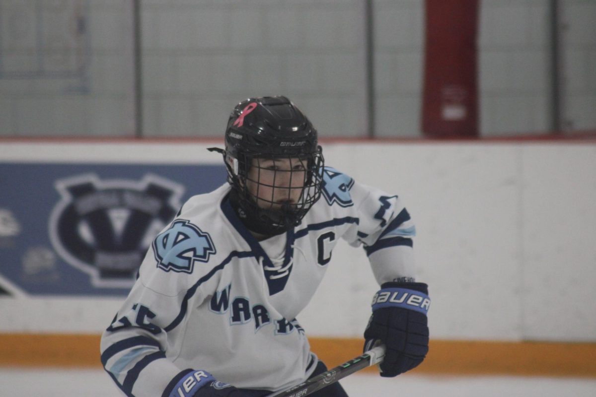 Strap up: Wearing his neck guard, senior Chase Grable surveys the ice in a high school hockey game on Nov. 2. The PIHL mandated the use of neck protection for all players after the death of Adam Johnson.