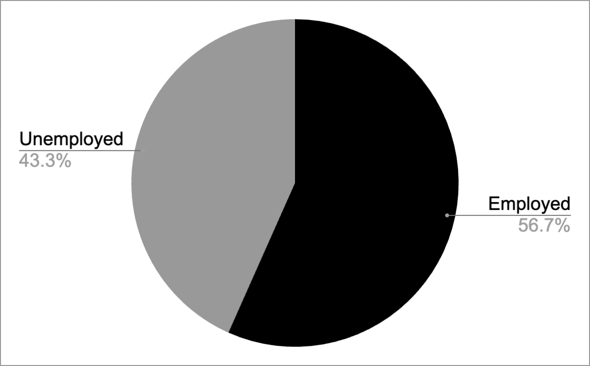 The numbers: The chart contains the percentages of students who currently hold part-time jobs and those who do not. Of the 30 sophmores who completed the survey, 56.7% of the them are employed, while 43.3% are currently unemployed