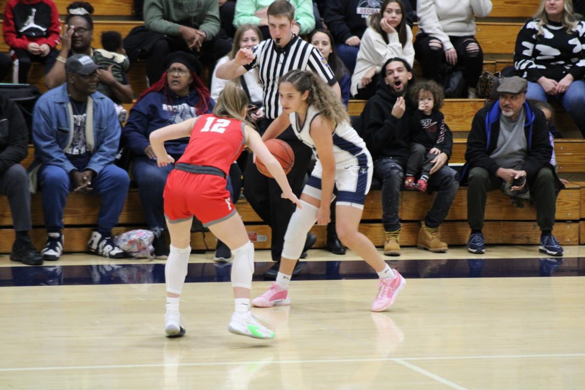 Dominating the court: During their matchup against the Rochester Rams, sophomore Mackenzie Mohrbacher defends her side of the court. The teams were neck and neck throughout the entire game, the Bulldogs never backed down. 

