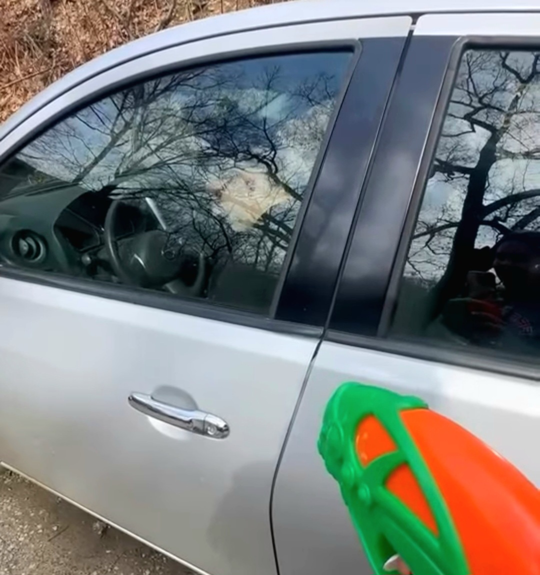 Locked and loaded: Aiming at the car door, Farisa Roberts (11) waits for Andrew Wolfe (11) to leave his car. Roberts eliminated Wolfe on March 24, at the beginning of the competition.

