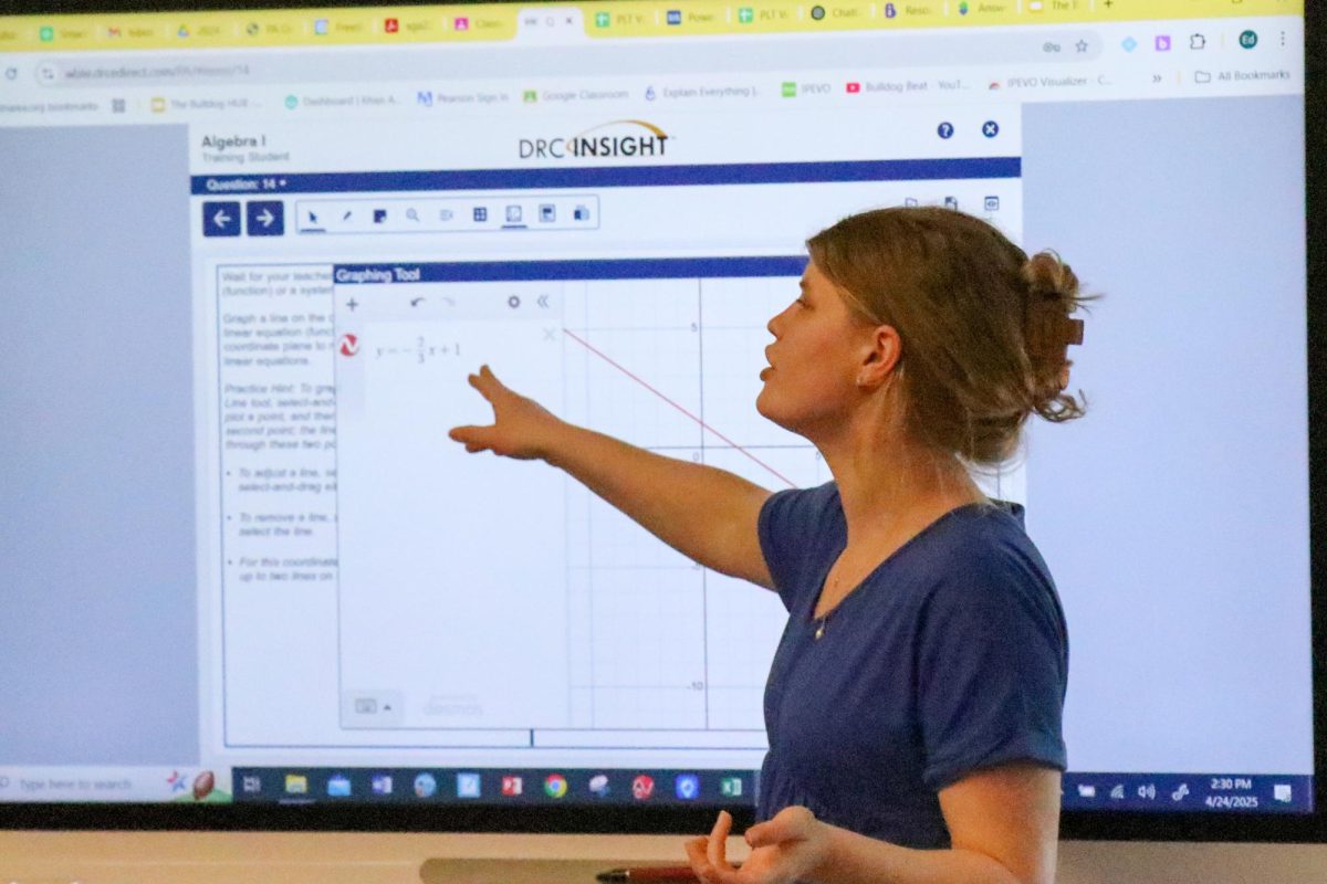 Practice makes perfect: Demonstrating the steps to graphing, Ms. Becca Pessler informs the students in Algebra Keystone Remediation how to use online tools to practice. Desmos was one of the many online and in person resources shown to students to help them prepare for the test.