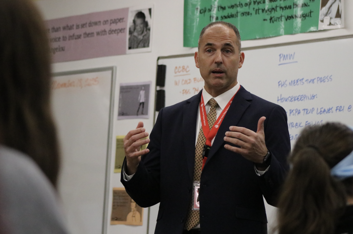 FHS Meets the Press: Dr. Jeffrey Beltz answers questions from FHS Press staffers during a press conference on Nov. 18. Beltz returns to his alma mater to serve as superintendent after stints at Hopewell, Moon and Beaver Area School Districts. 