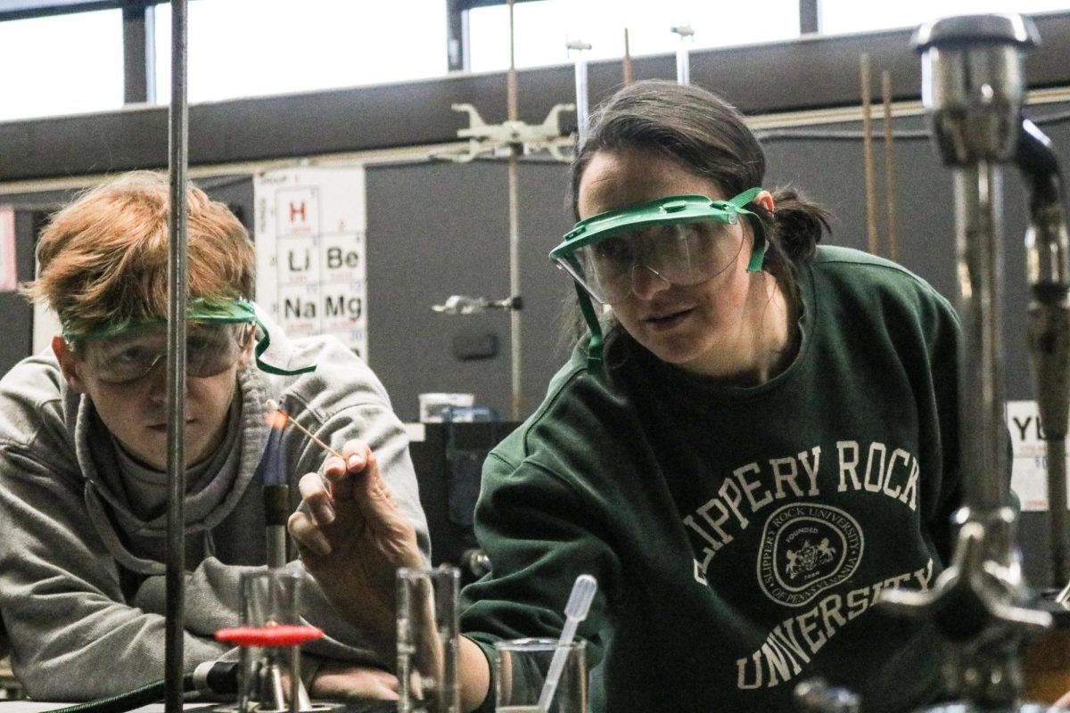 Kindling intrigue: Ms. Debrah Evans, pictured demonstrating an experiment for Colton Blank (12), teaches Chemistry, Honors Chemistry and College in High School (CHS) Chemistry. Her CHS Chemistry class was new for this academic year, but it will be changing to accomodate the Community College of Beaver County (CCBC) standards. 